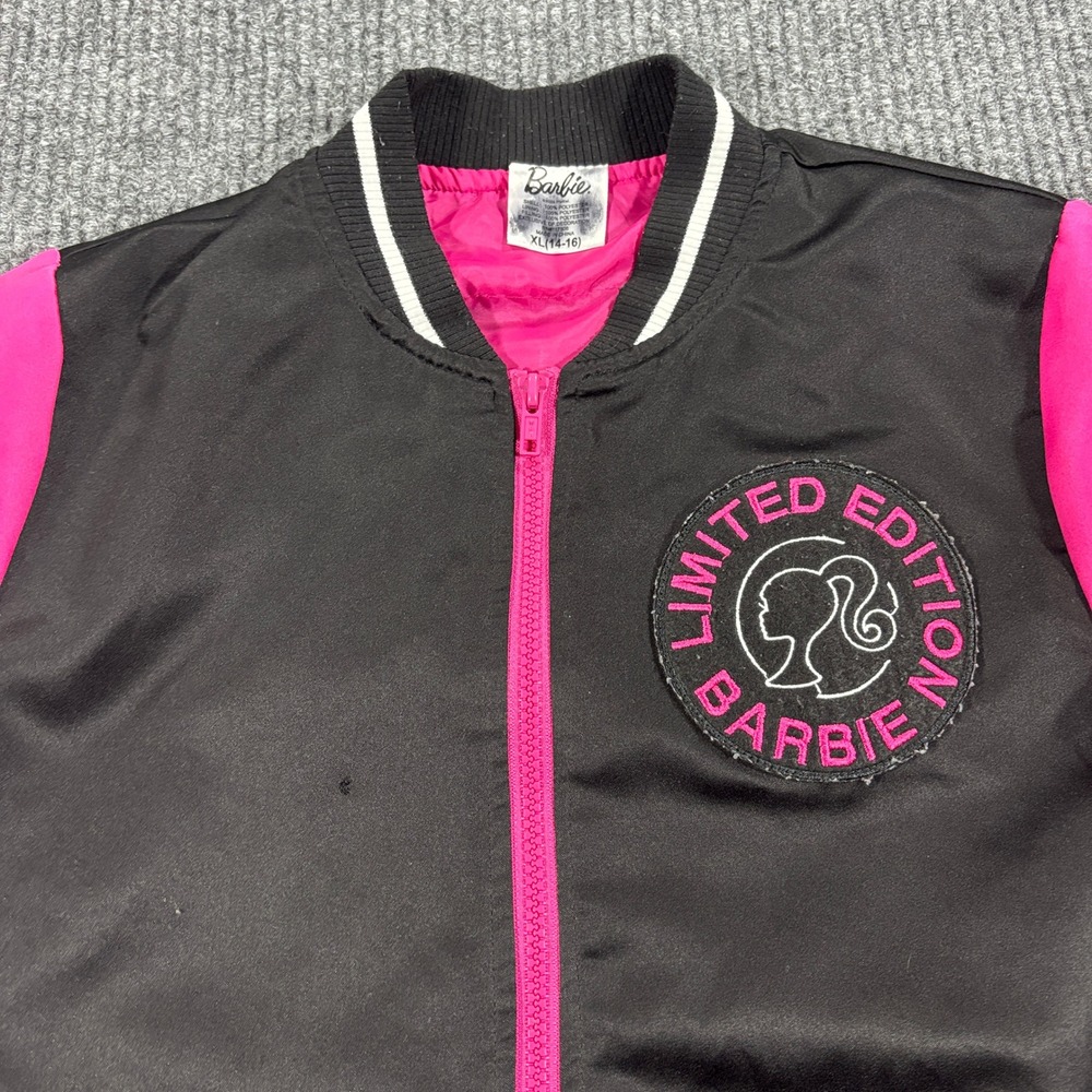 Barbie Bomber Jacket Kids XL (14-16) Black Pink Limited Edition Varsity Zip Up